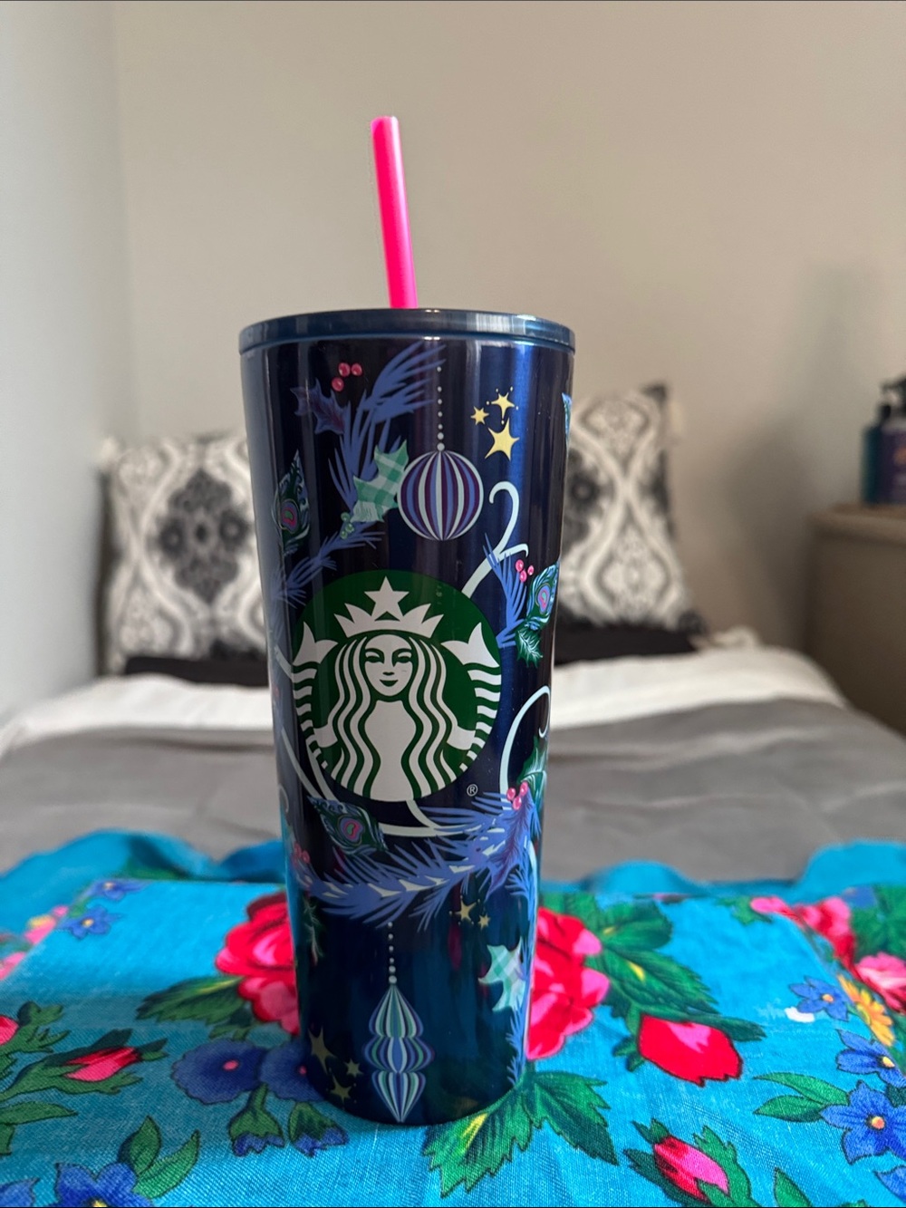 Starbucks Navy Holiday Tumbler with Pink Straw and Festive Ornaments new
